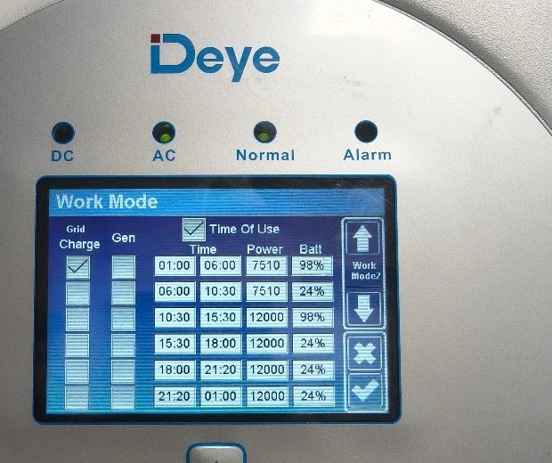 Екран на инвертор Deye с настройки по часове (Time of Use)
